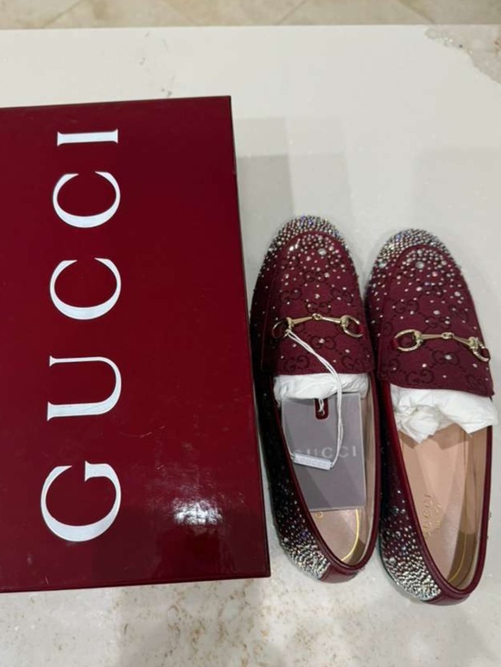 Gucci Burgundy Crystal Horsebit Loafers
